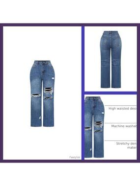 High Waisted Wide Leg Stretchy Distressed Denim Jeans